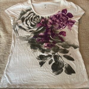 New York & Company White Tee with Purple and Gray Floral Design